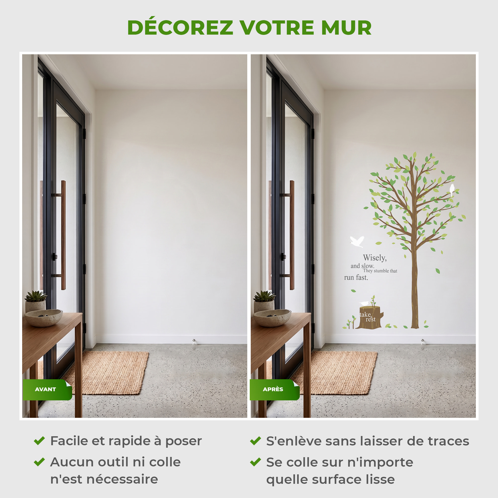 Stickers Muraux décoration adhésifs Arbre vert & oiseau