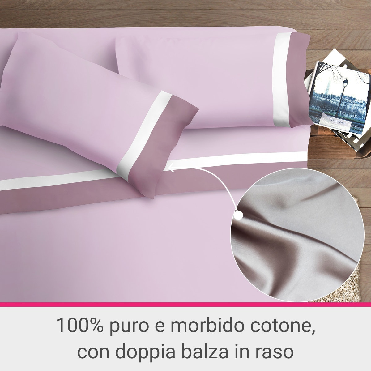 Completo letto doppia balza RASO IPERSAN Puro Cotone Malva/Bianco fondo Rosa
