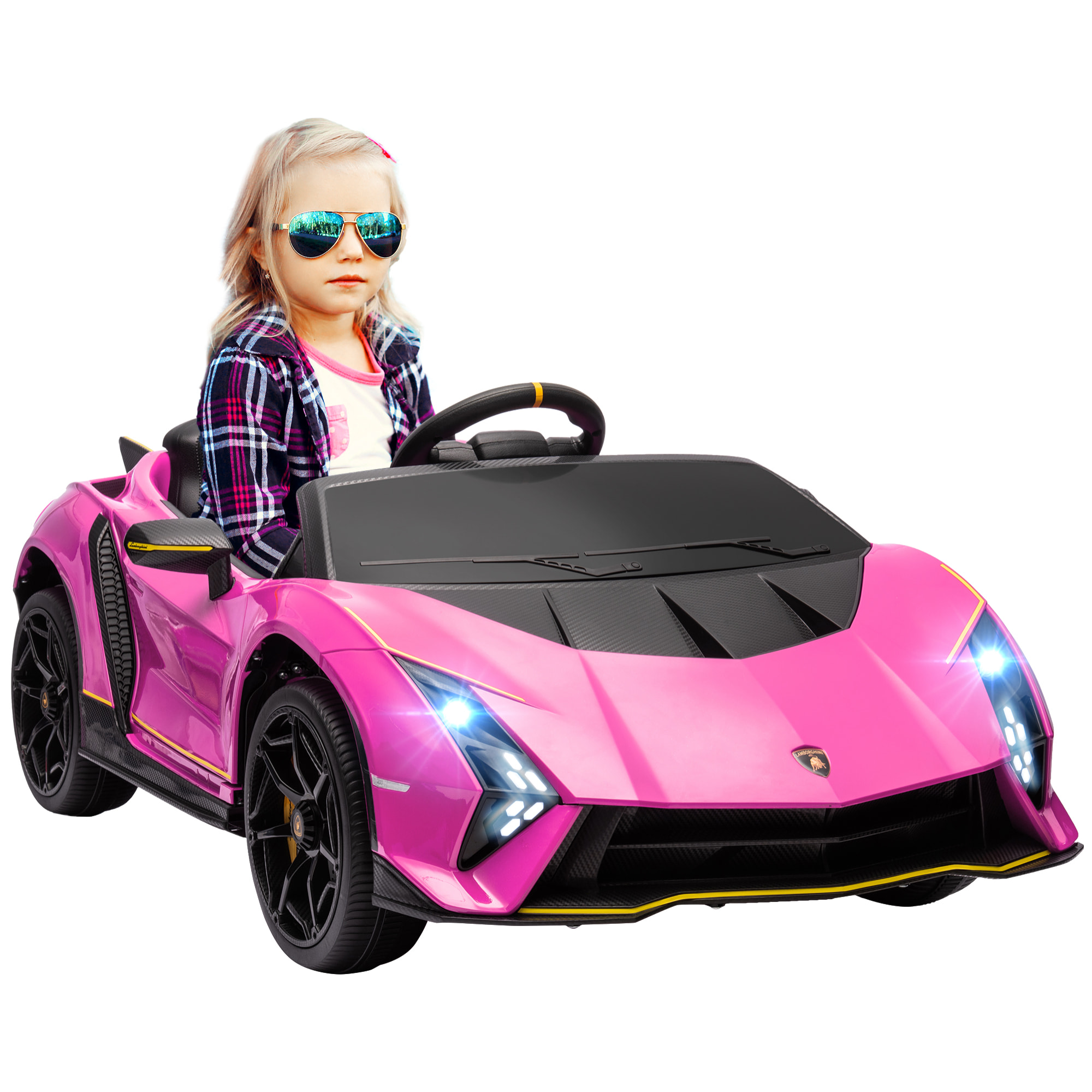 Coche Eléctrico para Niños de +3 Años Lamborghini Autentica Coche Eléctrico con Batería 12V Mando a Distancia Faros Bocina Arranque Suave y Música MP3 Rosa