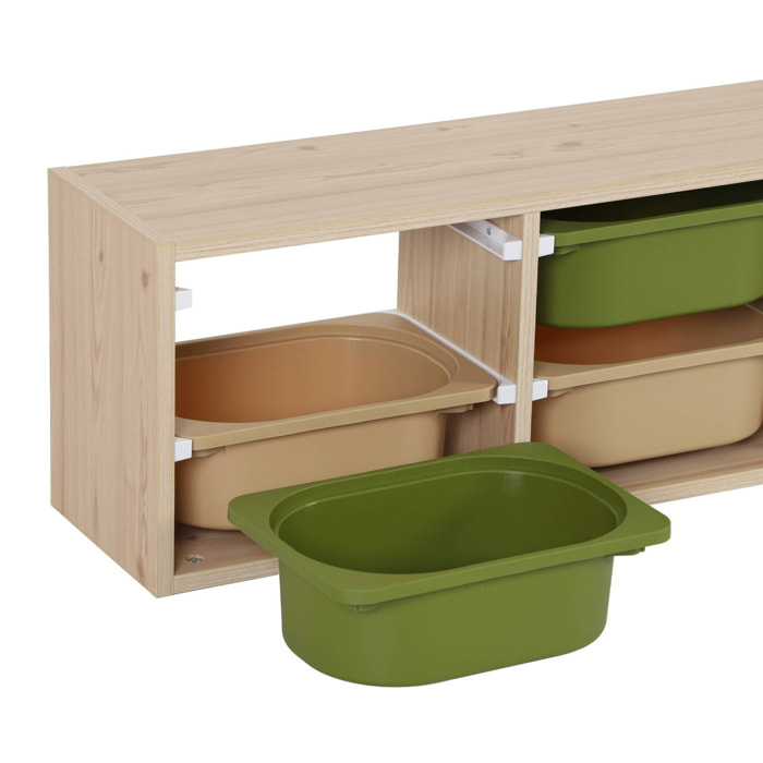 Meuble de rangement naturel pour enfant. 6 bacs en plastique vert olive taupe - Sora