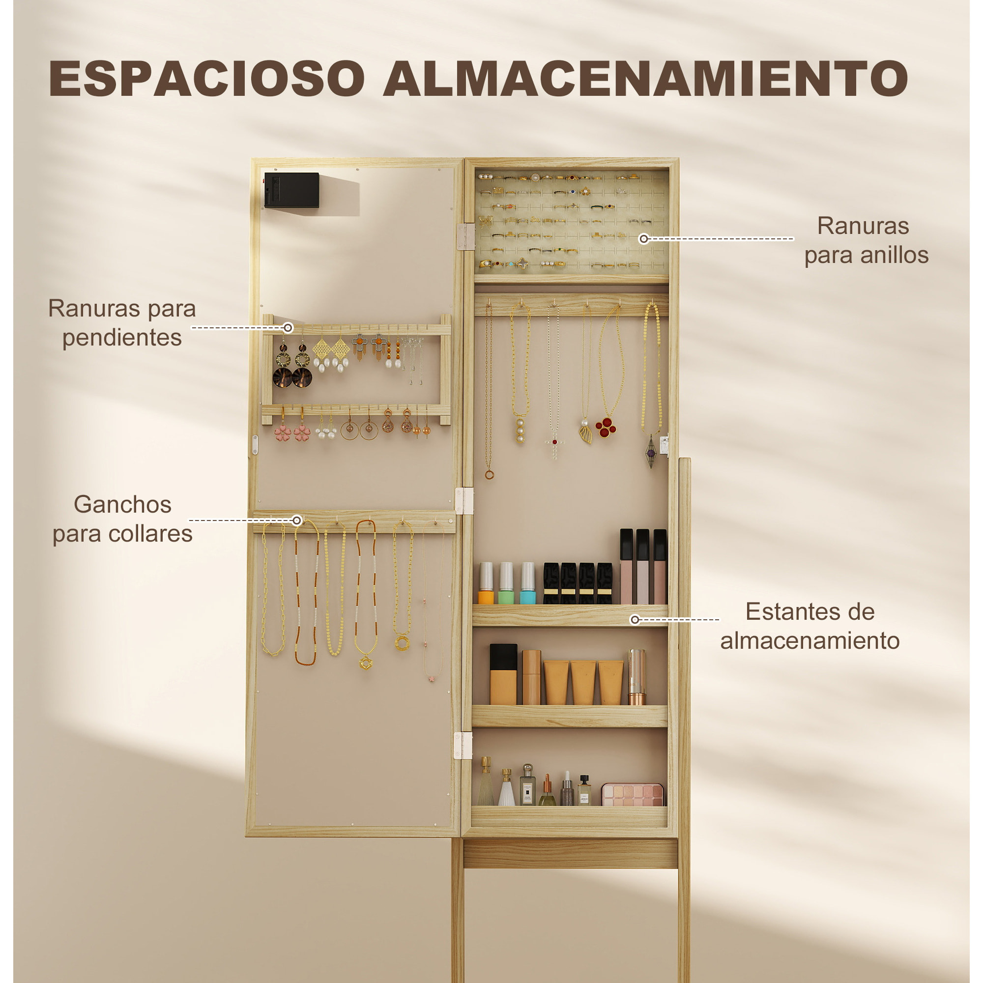 Espejo Joyero con Luces LED, Armario para Joyas, Armario Joyero de Pie con Espejo Entero, Ángulo Ajustable, con Estantes, Ranuras para Anillos, Madera Natural