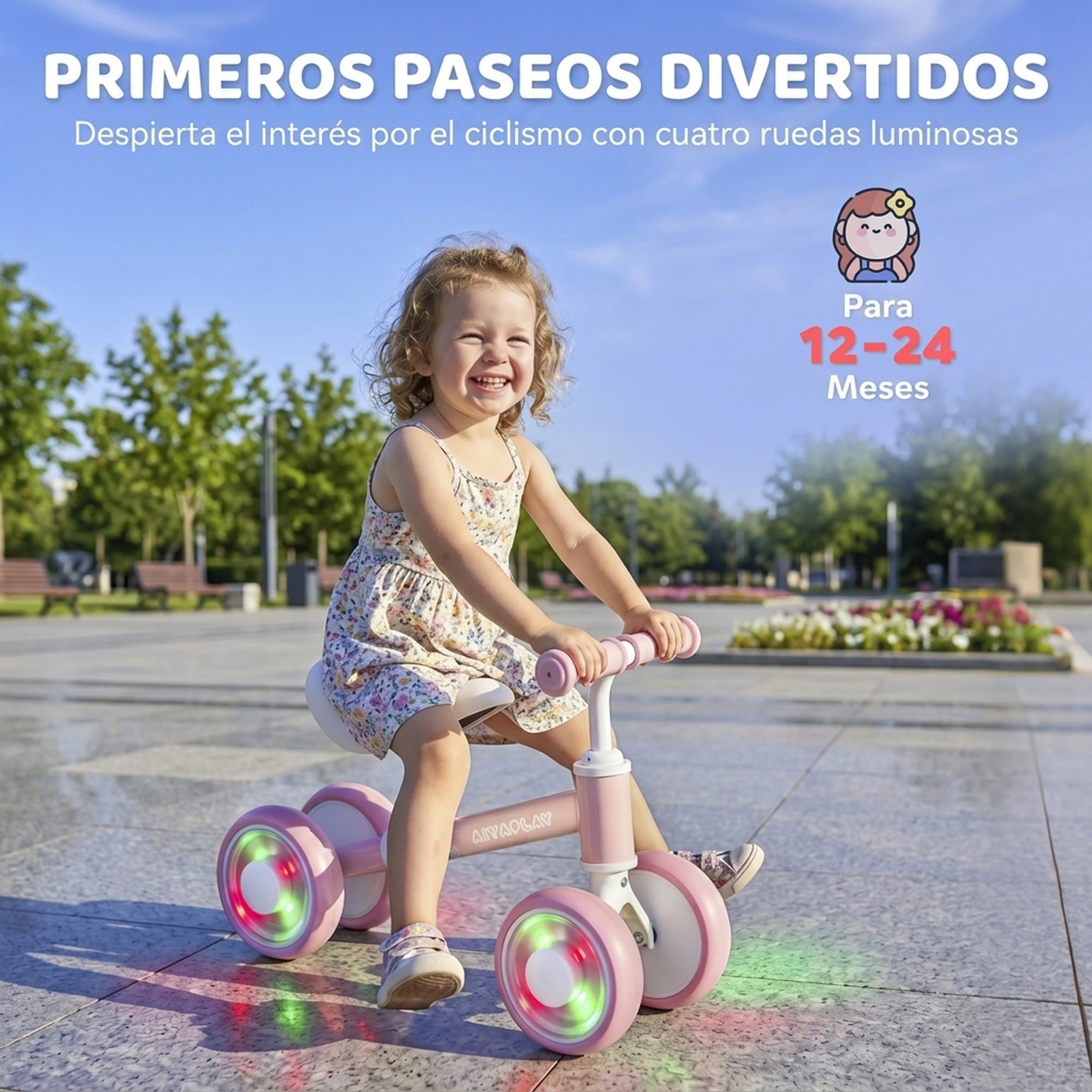 Bicicleta sin Pedales, Bici Correpasillos con Limitado a 135°, Asiento Ajustable en Altura, 4 Ruedas EVA Silenciosas con Luces, Bicicleta de Equilibrio para Niños y Niñas de 1 a 2 Años, Rosa