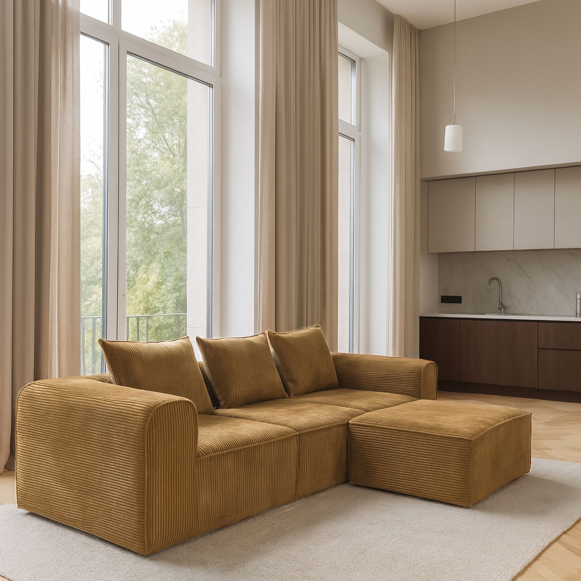 Canapé d'angle compressé en velours cotelé curcuma 4 places COCOON