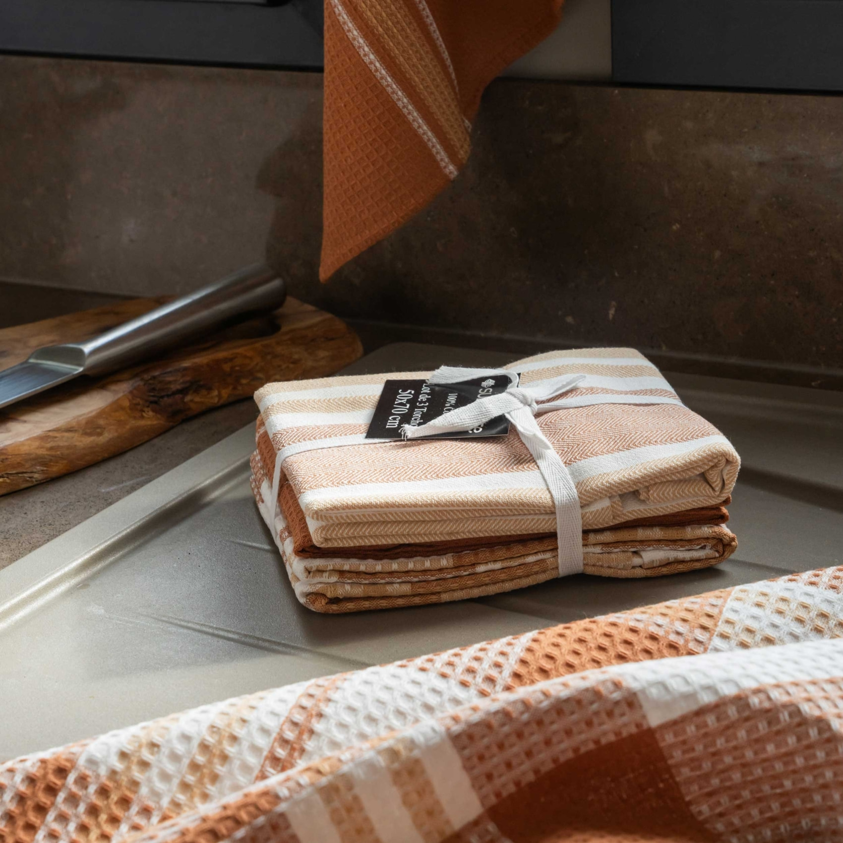 Set de 3 torchons cuisine  coton 50x70 cm - Bronze