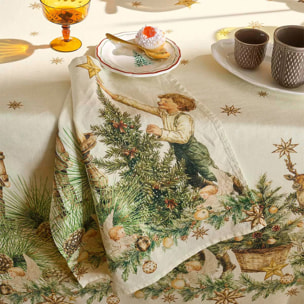 Serviette lin & coton lavé 150 g/m² imprimé beige vert Noel vintage dore