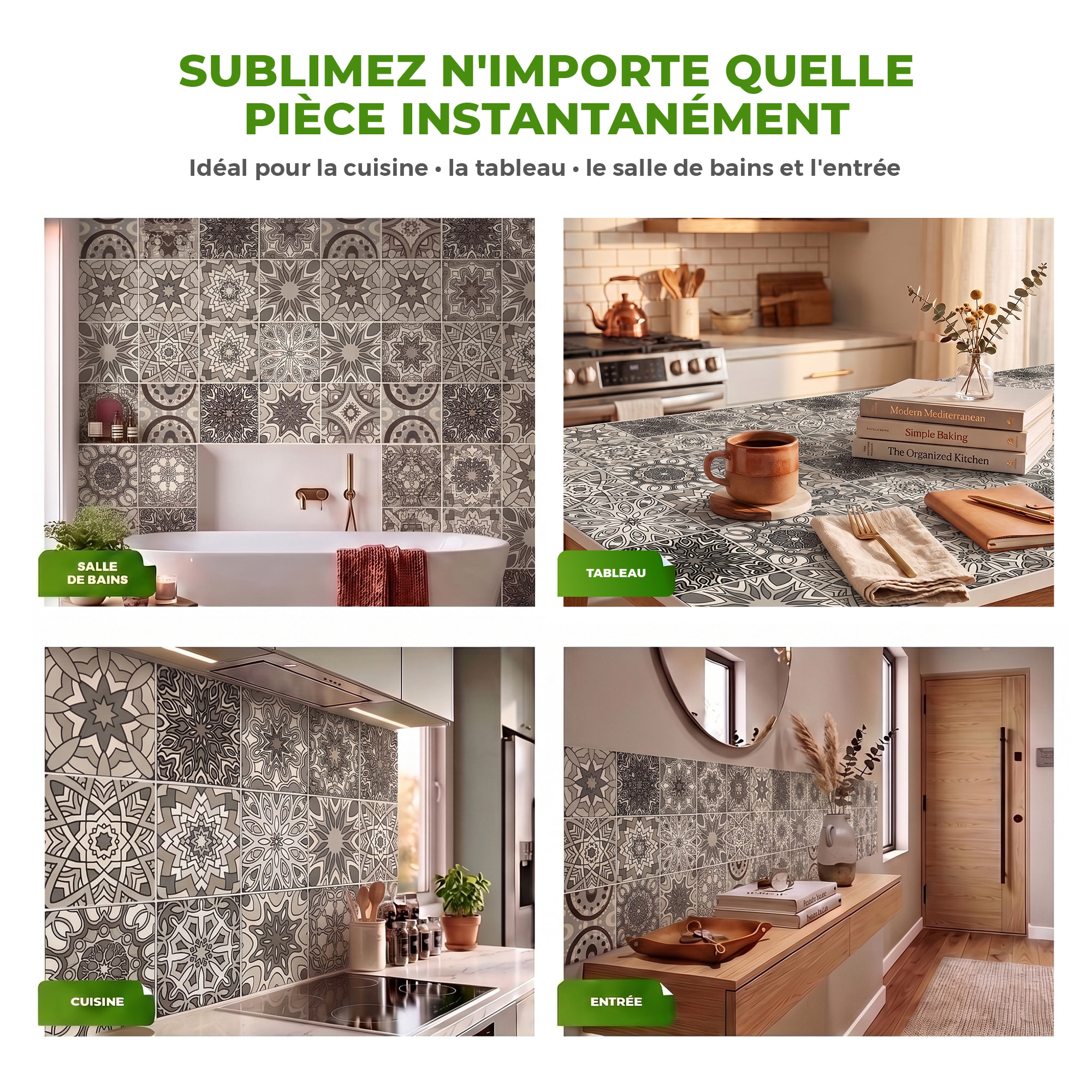 Stickers muraux - Sticker Mural Carrelage adhésif Cuisine Salle de Bain - 12 STICKERS CARRELAGES AZULEJOS NUANCES DE GRIS REYKJAVIK