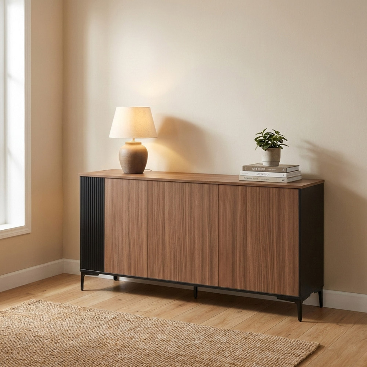 Credenza moderna 3 ante in legno noce e nero 150