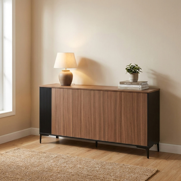 Credenza moderna 3 ante in legno noce e nero 150