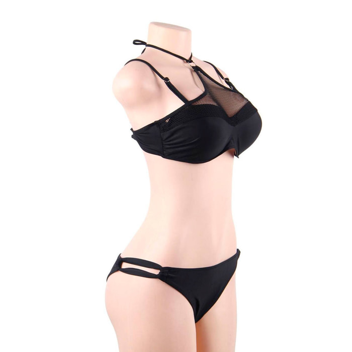 Bikini sexy negro con push up y malla con cuello elegante