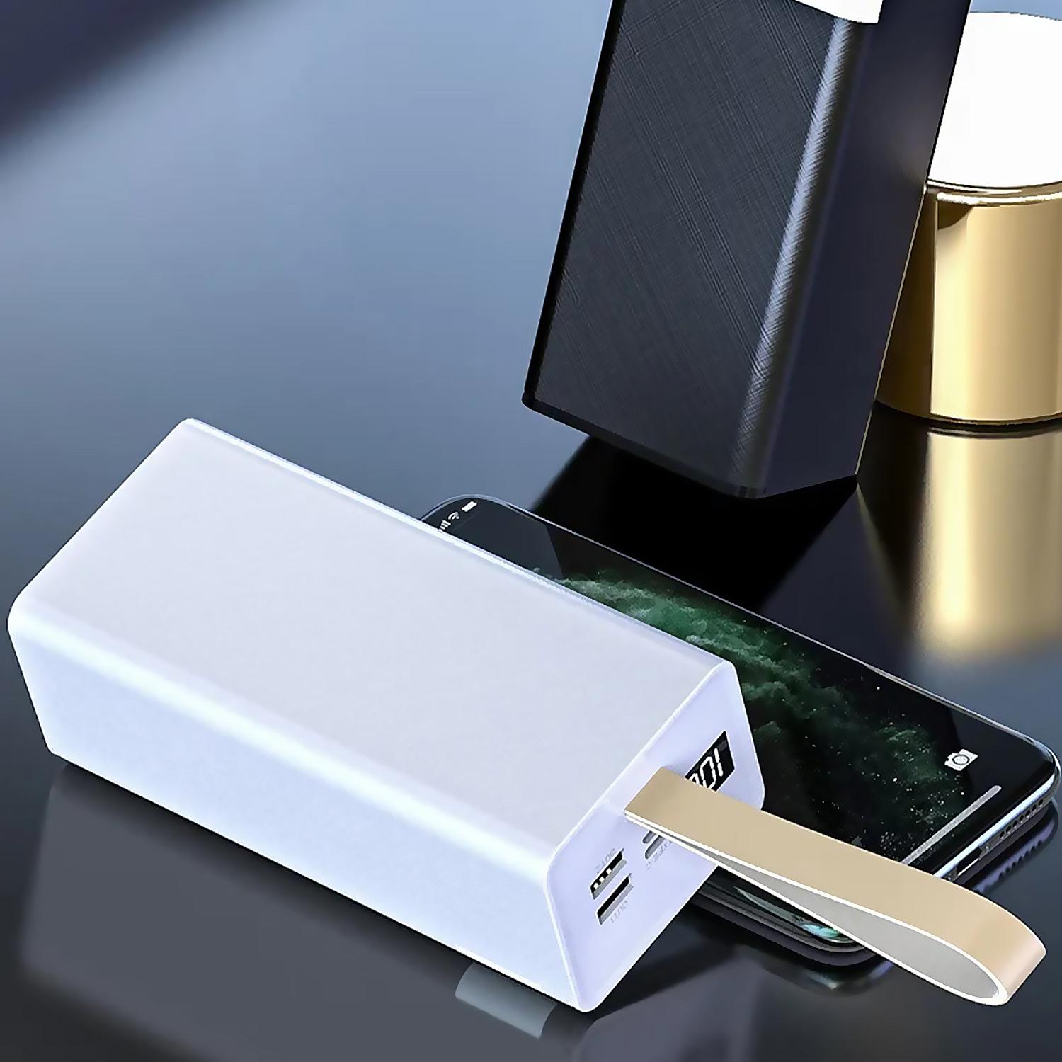 Powerbank 50.000mAh con doble salida USB, carga rápida PD22,5W, salida USB-C, colgante de transporte y linterna de alta potencia. Pantalla led de carga.