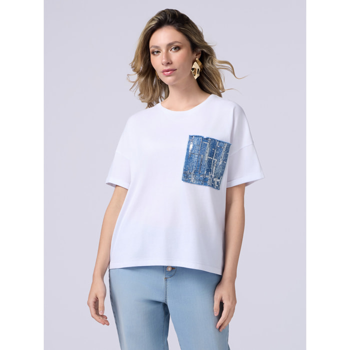 Oltre - T-shirt con tasca in denim e paillettes - Bianco