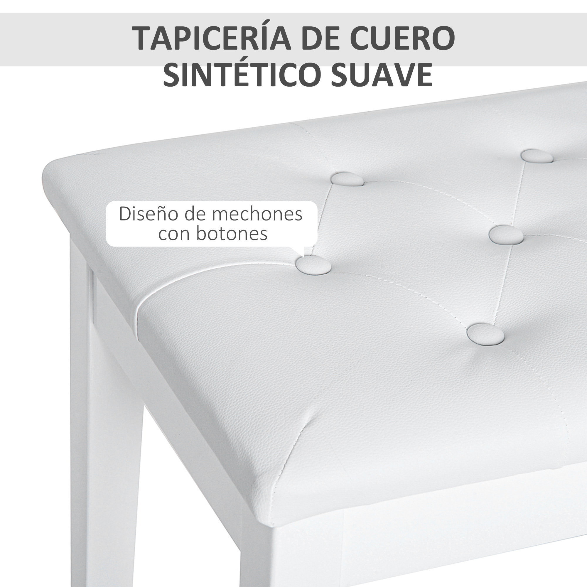 Banco de Piano con Almacenamiento, Banqueta de Piano con Asiento de Cuero Sintético, Patas de Madera, Carga Máxima 200 kg, 76x36x50 cm, Blanco