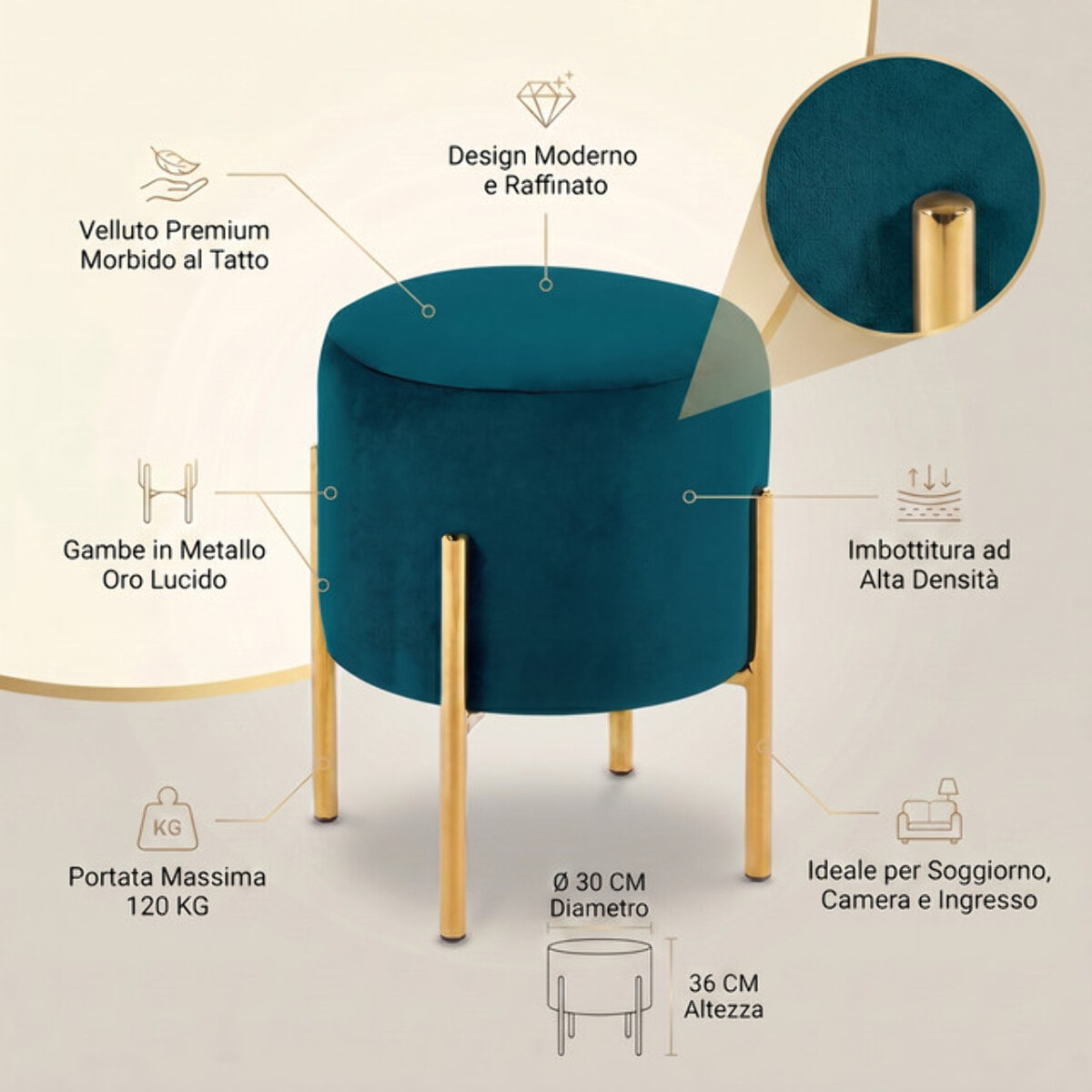 Pouf Tondo in Velluto con Gambe in Acciaio Dorate, Seduta Imbottita Elegante dallo Stile Contemporaneo per Soggiorno, Camera da Letto e Ingresso