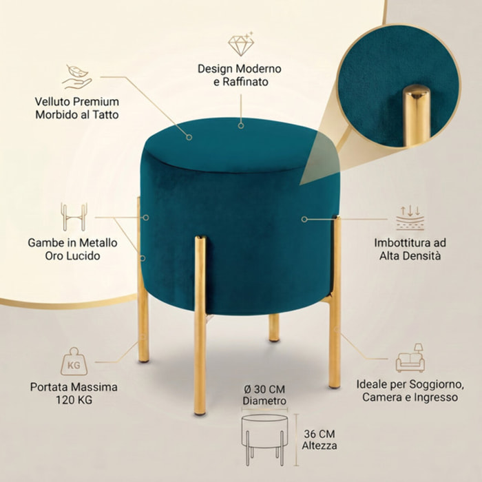 Pouf Tondo in Velluto con Gambe in Acciaio Dorate, Seduta Imbottita Elegante dallo Stile Contemporaneo per Soggiorno, Camera da Letto e Ingresso