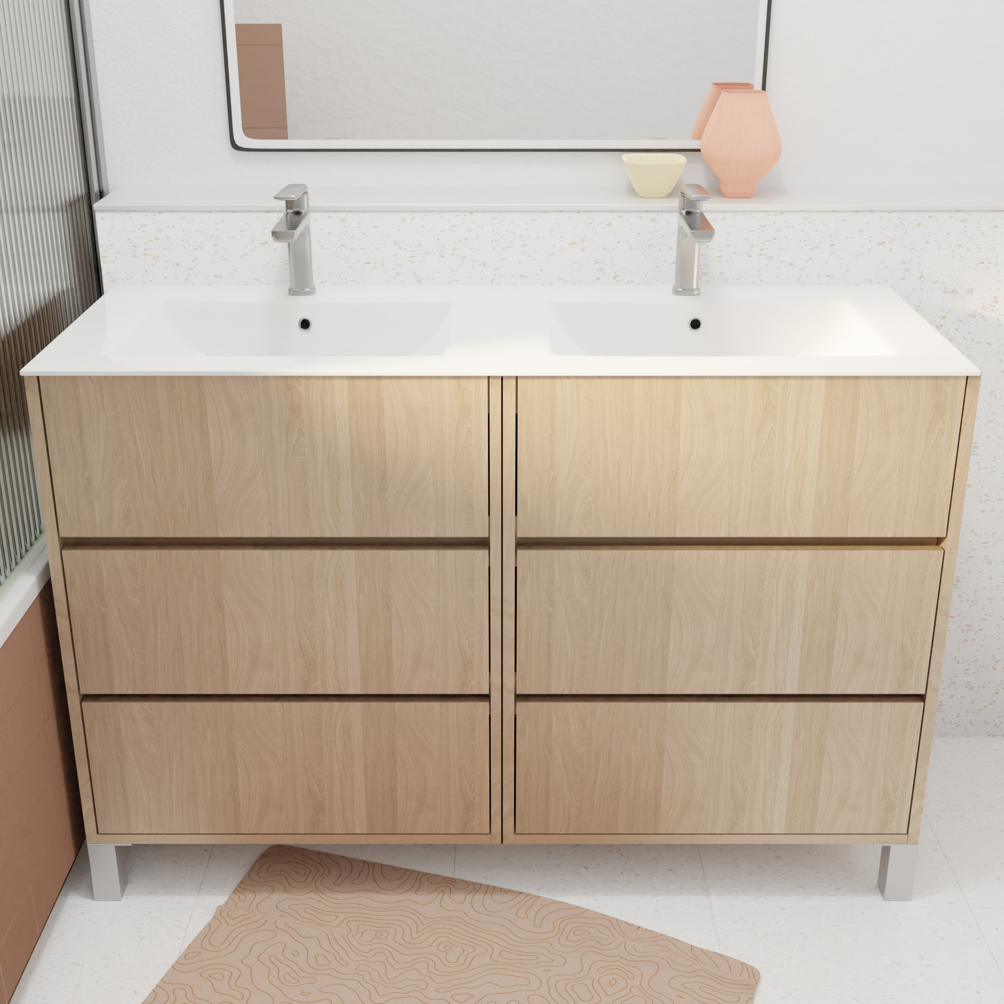 Pack Meuble Salle de Bains 120 cm Chêne Clair, 6 tiroirs avec Vasque Céramique - XENOS