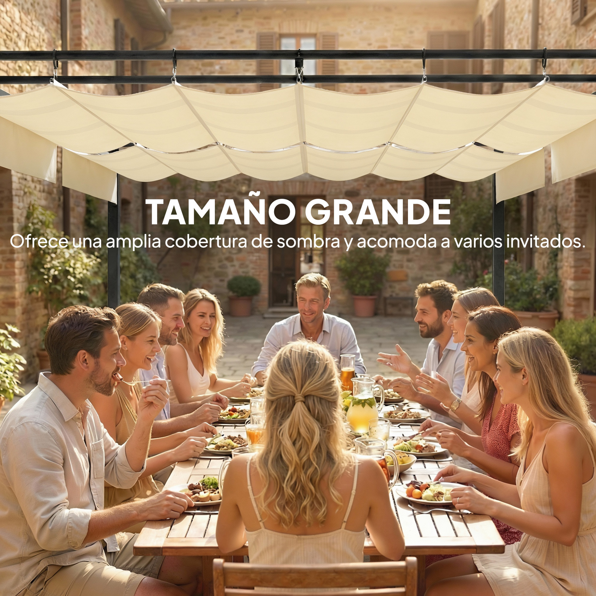 Pérgola de Jardín 6x3 m con Techo Retráctil, Cenador de Jardín con Protección UPF50+, Drenaje, Estructura Metálica, Pabellón para Patio, Terraza, Exterior, Blanco Crema