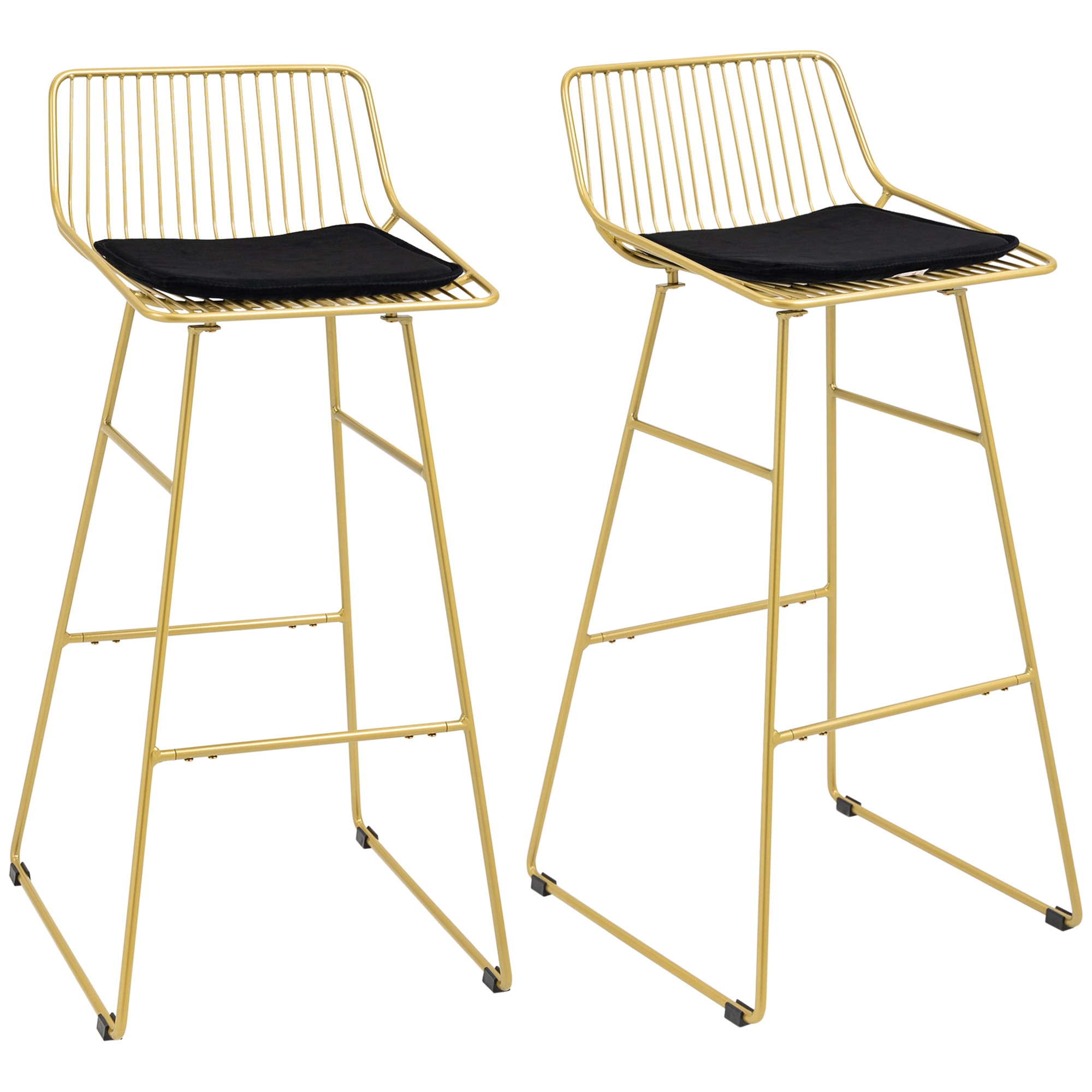 Lot de 2 chaises de bar design acier filaire doré avec coussin noir - élégance et confort - repose-pieds - convient pour tables de 104-109 cm