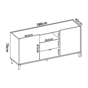 Credenza Rainier, Buffet da soggiorno, Madia da salotto moderna a 2 ante, 155x43h75 cm, Bianco e Rovere