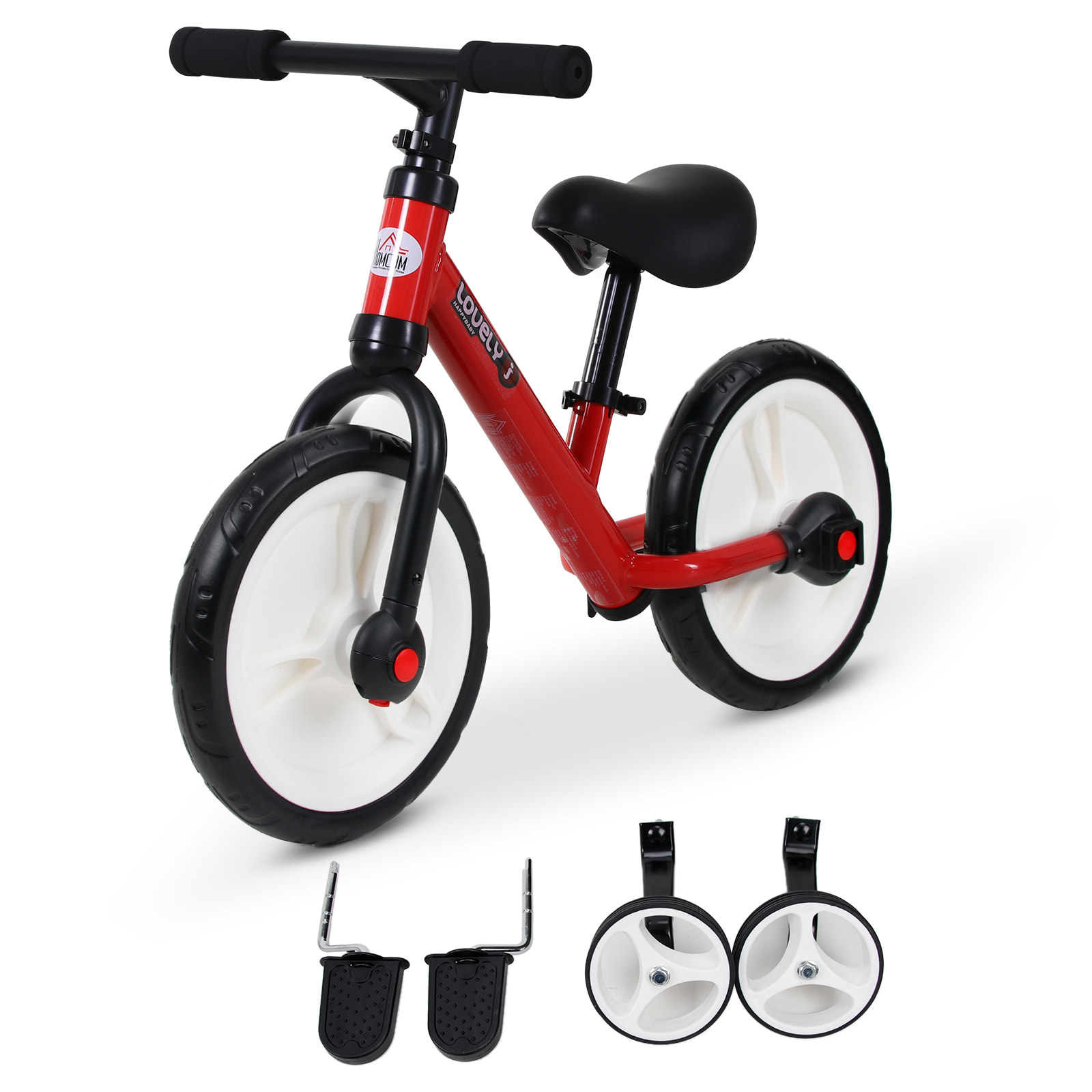 Vélo enfant draisienne 2 en 1 roulettes et pédales amovibles roues 12" hauteur selle réglable acier rouge