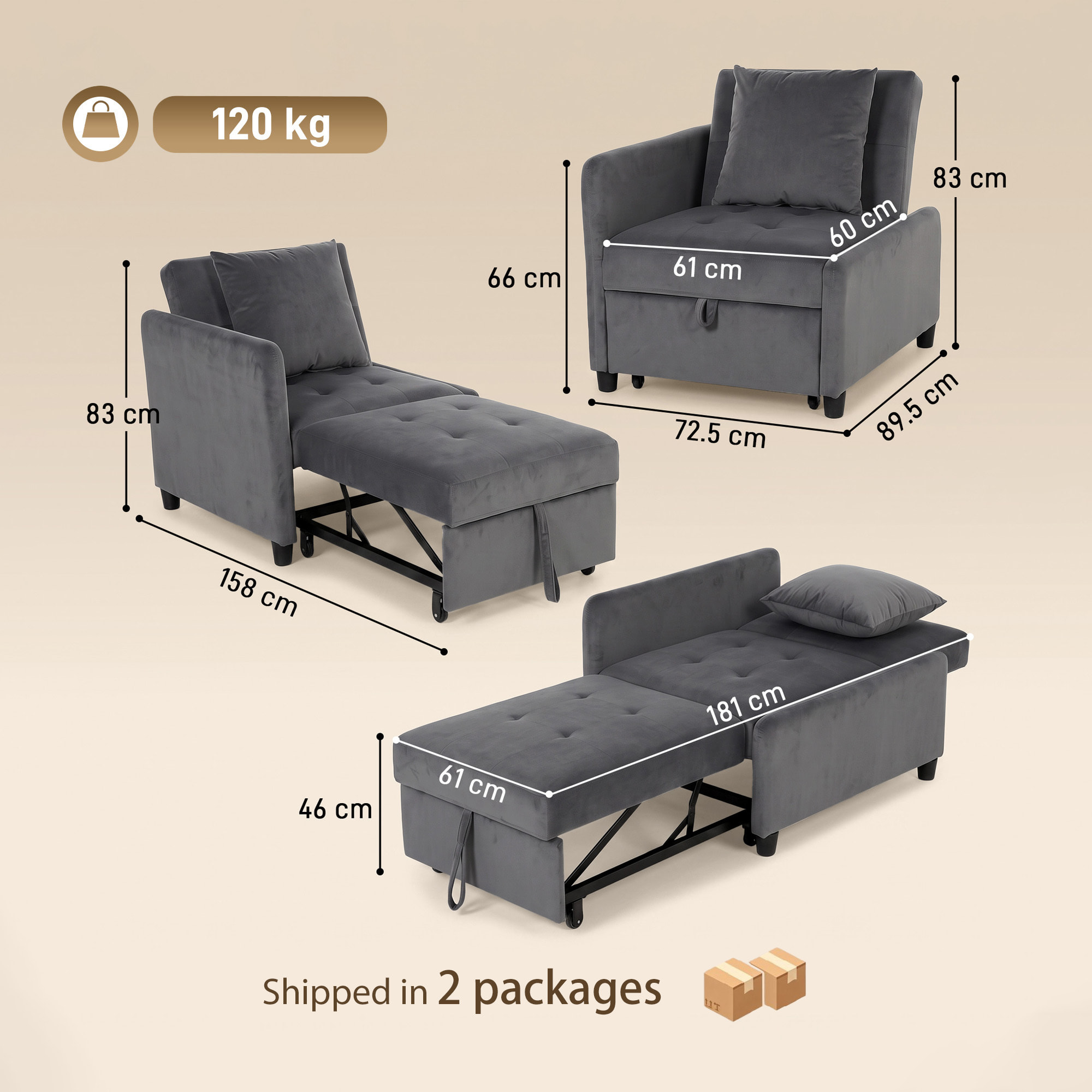 Sofá Cama 1 Plaza Convertible 4 en 1, Sillón Cama Plegable, Tapizado en Terciopelo, Respaldo Ajustable, Almohada con Funda Lavable, para Salón, 72,5x89,5x83 cm, Gris Oscuro