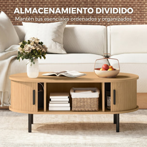 Mesa de Centro con Puertas de Tambor Deslizantes, Mesa de Café Ovalada para Salón con Almacenamiento Oculto y Patas de Metal, Moderno de Mediados de Siglo, 100x55x40 cm, Madera Natural