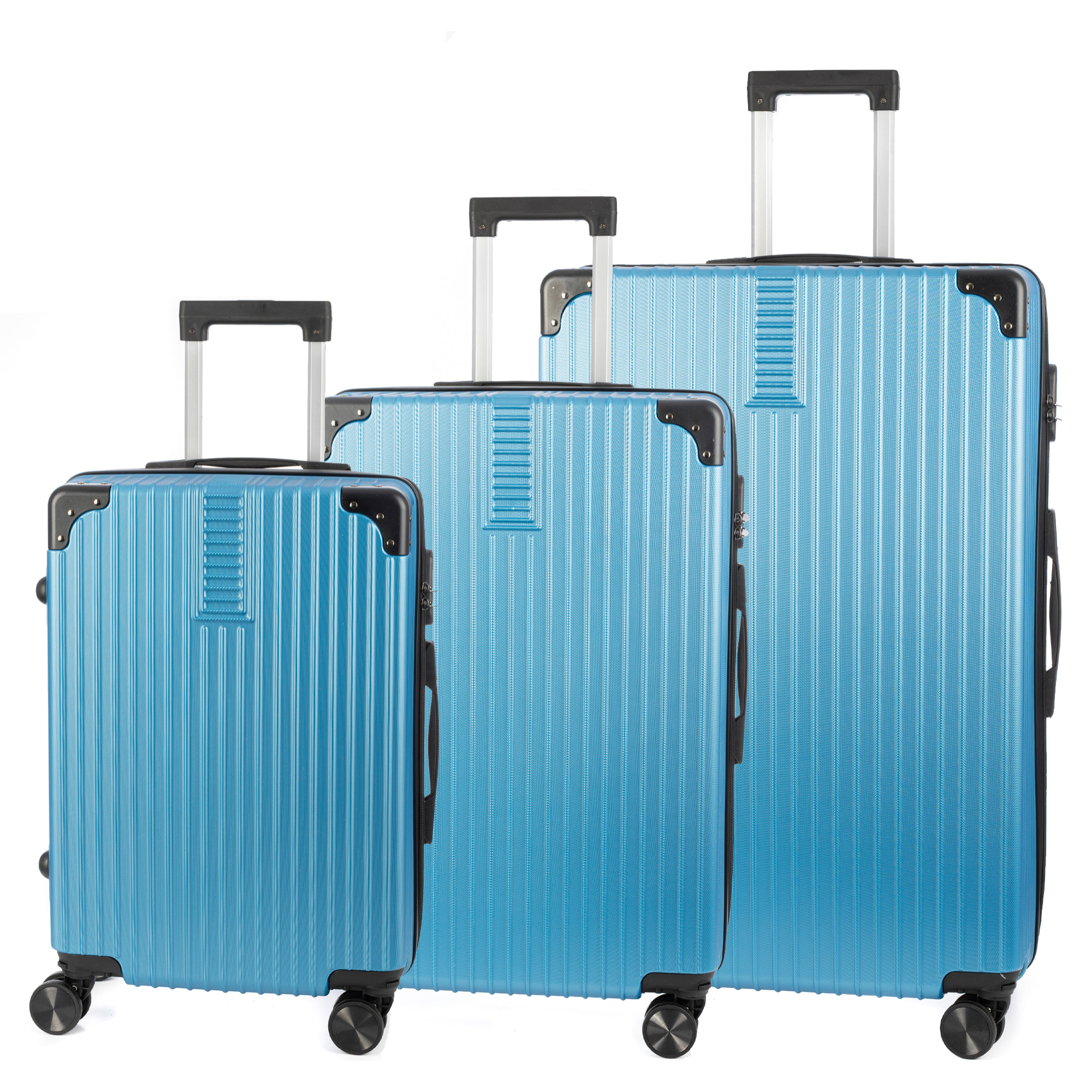 DAM Set di 3 valigie Trolley, in materiale leggero ABS ad alta resistenza con angoli rinforzati. Serratura numerica e 4 ruote doppie removibili e girevoli a 360°. 52x31x78 Cm. Colore: Blu Jeans