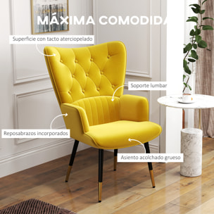 Sillón Individual Butaca de Dormitorio Butaca de Salón Tapizado en Terciopelo con Respaldo Alto Reposabrazos y Patas de Acero Estilo Moderno 68x72x103 cm Amarillo