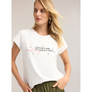 Motivi - T-shirt con scritta e ricamo di pietre - Bianco