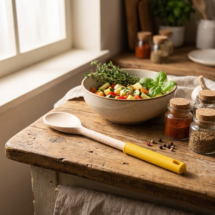 Cuillère de cuisine en bois avec manche en silicone coloré Fackelmann Wood Edition
