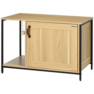 Maison de toilette pour chat style industriel porte entrée latérale boule suspendue châssis acier aspect bois clair