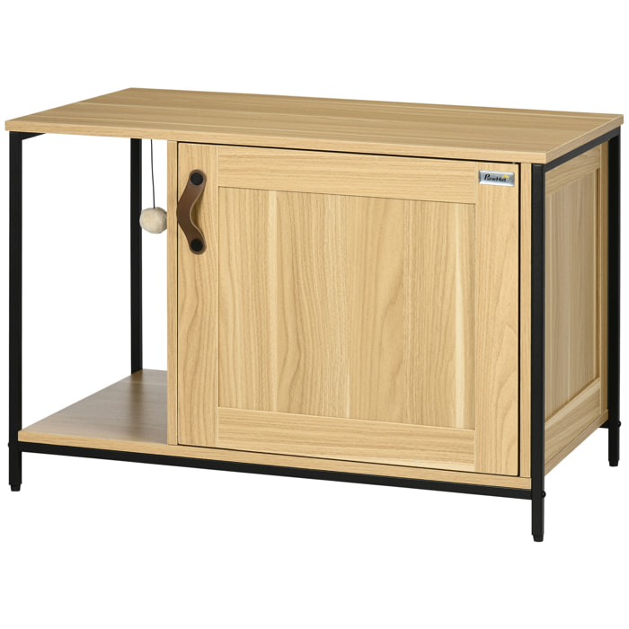 Maison de toilette pour chat style industriel porte entrée latérale boule suspendue châssis acier aspect bois clair