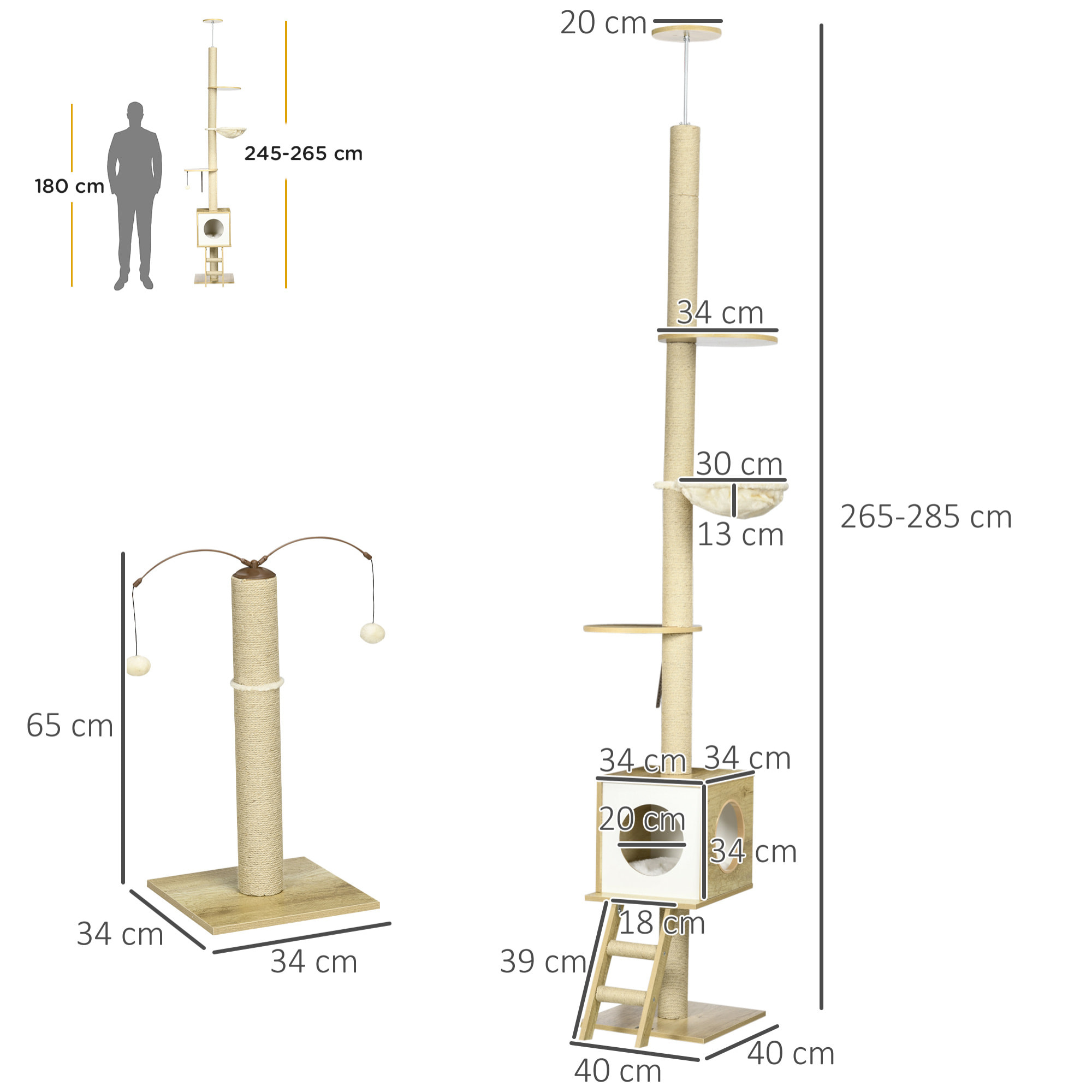 Árbol para Gatos del Suelo al Techo 225-285 cm Altura Ajustable Árbol para Gatos Grande con Plataformas Hamaca Caseta Poste de Yute Rampa y Bolas 40x40x225-285 cm Beige