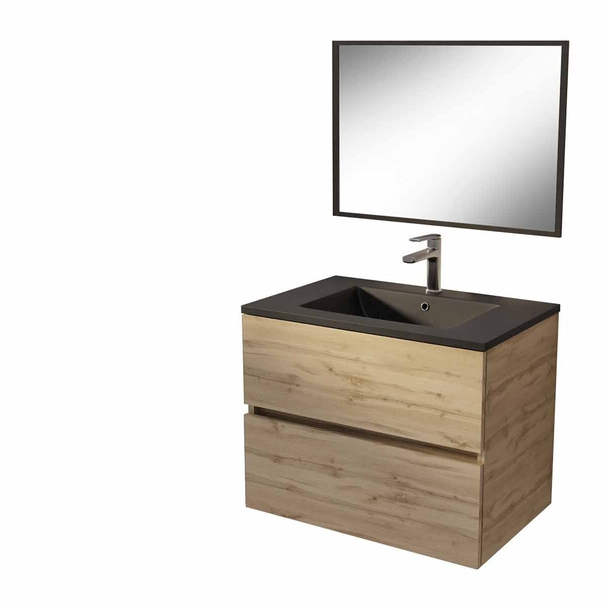 Meuble de salle de bains suspendu 70 cm TIMBER Décor Chêne 2 tiroirs Vasque noire et miroir 70x50