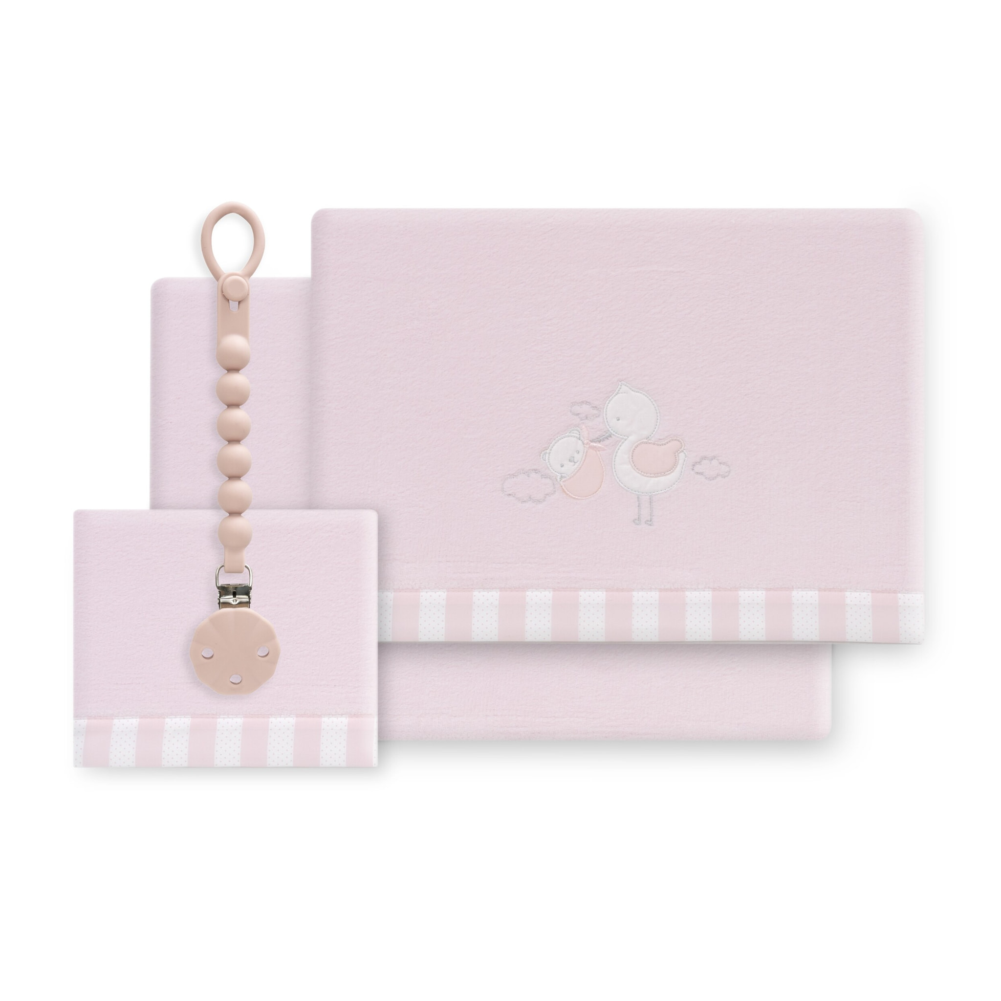 Triptico Cuna Coralina Cigueña Oso + Broche Rosa