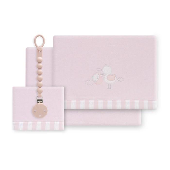 Triptico Cuna Coralina Cigueña Oso + Broche Rosa
