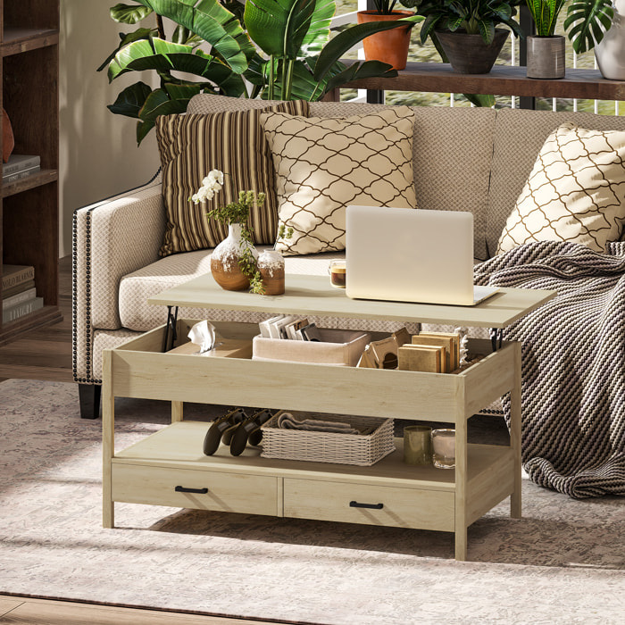 Table basse relevable 2 tiroirs étagère grand compartiment rangement dim. 100 x 50 x 62 cm effet bois clair