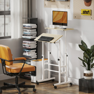 Bureau assis debout inclinable réglable H.70,5-120 cm mobile 2 plateaux métal blanc effet bois clair