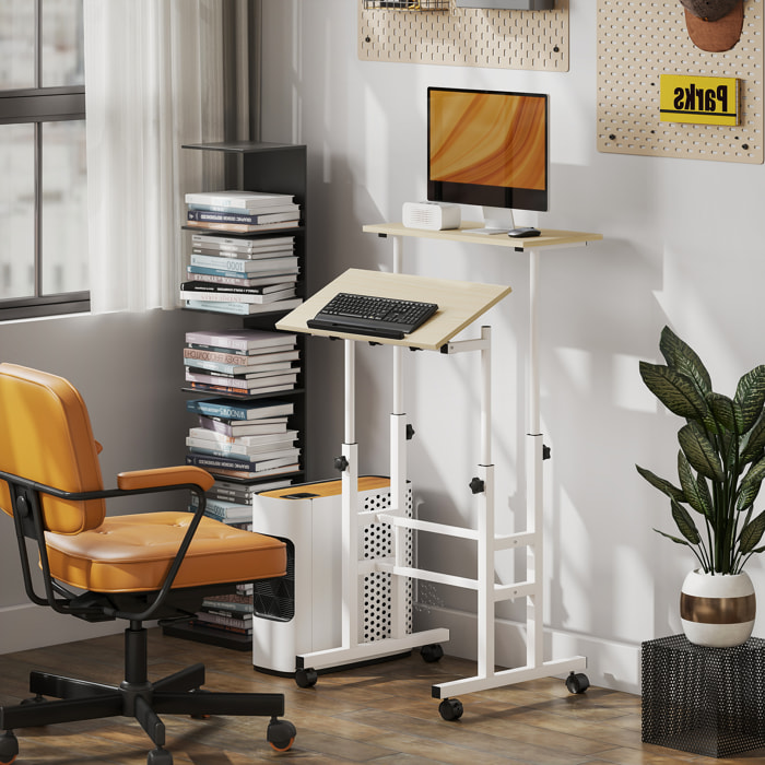 Bureau assis debout inclinable réglable H.70,5-120 cm mobile 2 plateaux métal blanc effet bois clair