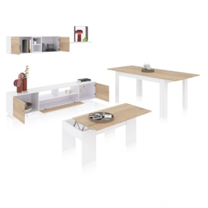 Pack salón con mesa de centro y mesa de comedor Kenzo Max V2B Blanco Brillo - Roble Canadian