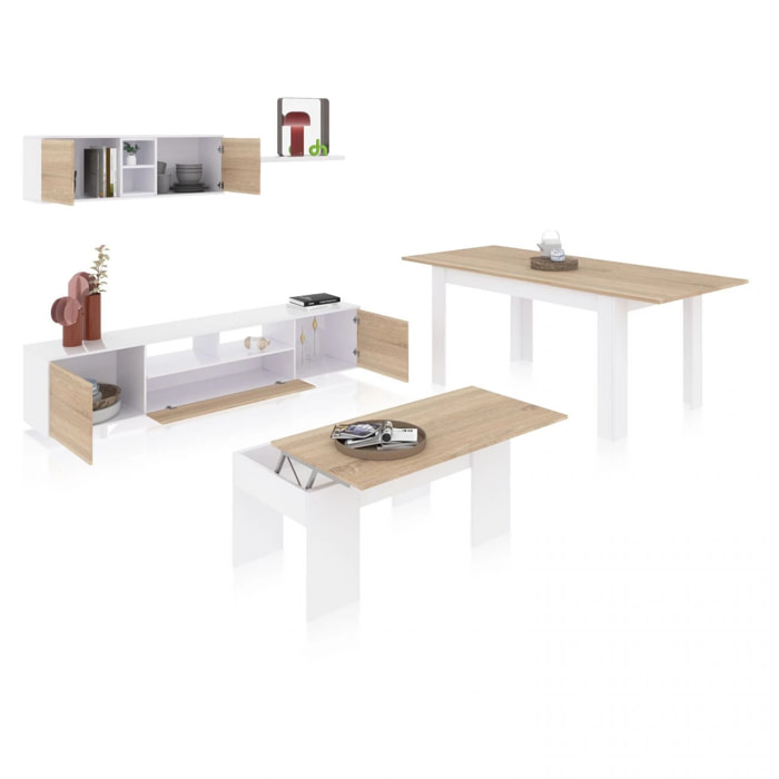 Pack salón con mesa de centro y mesa de comedor Kenzo Max V2B Blanco Brillo - Roble Canadian