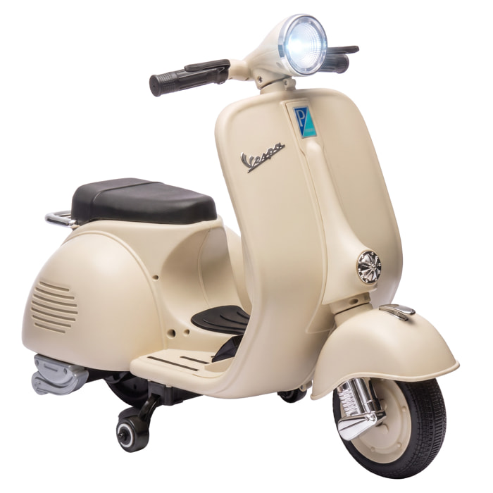 Moto Eléctrica para Niños Licencia VESPA 6V, Moto Eléctrica Infantil con Arranque Suave, Ruedines Desmontables, Luz Delantera, Música, Bocina, USB, Avance, Atrás, para Niños +3 Años, Blanco