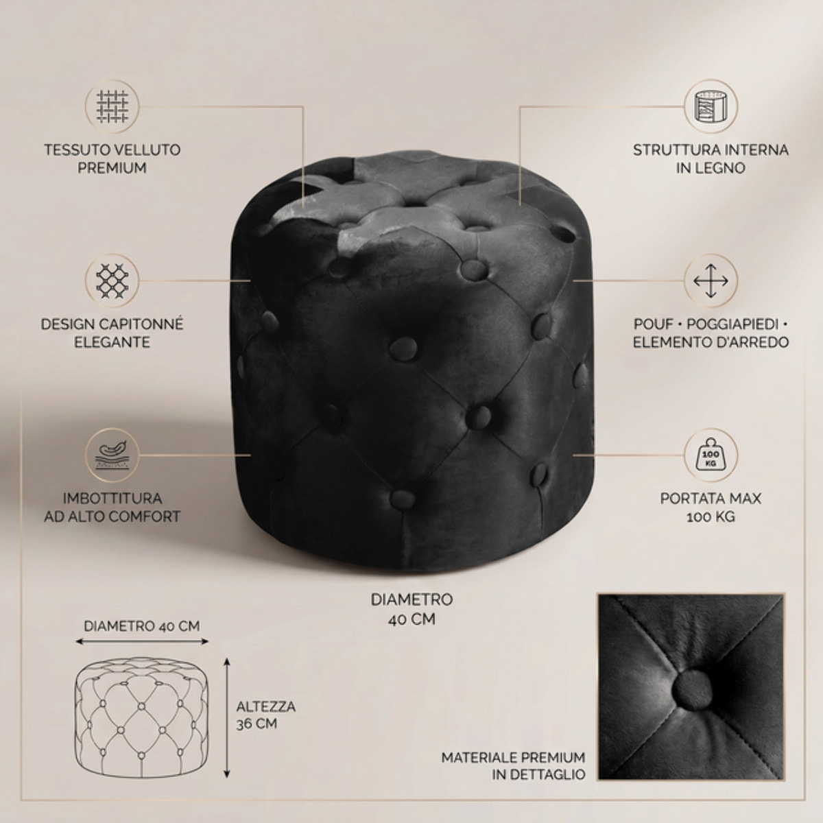 Pouf Poggiapiedi in Velluto Capitonné, Pouf Contenitore Design Moderno, Seduta Imbottita Multiuso per Soggiorno Camera da Letto Living, Complemento d’Arredo Elegante Stile Contemporaneo