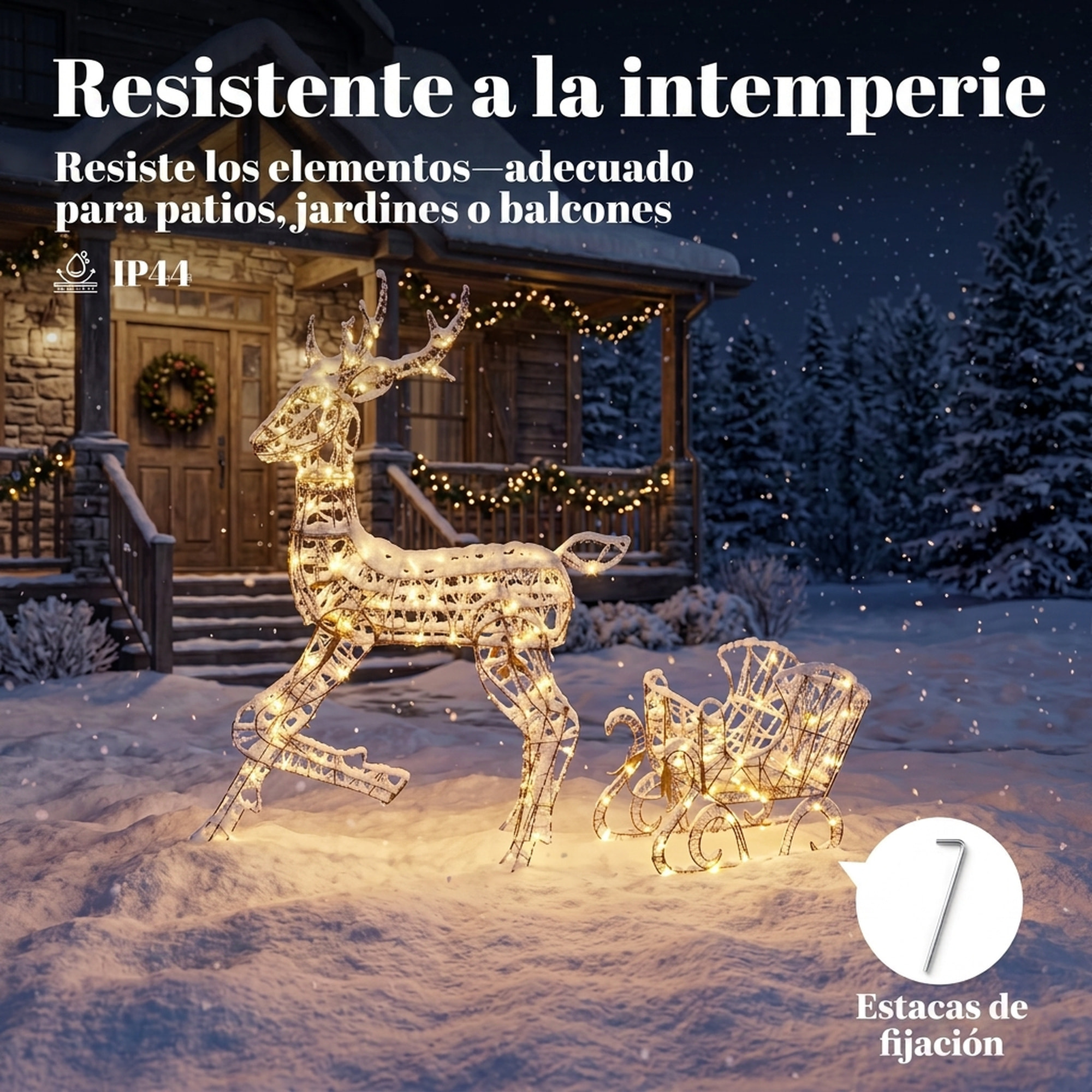 Outsunny Reno y Trineo Luminosos de Ratán PP con 175 LED Blanco Cálido, Decoración de Navidad con 8 Modos, Temporizador Diario, 120 cm, Illuminación Navideña para Jardín, Césped, Patio y Porche