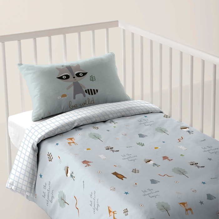 Funda Nórdica Estampada - Reversible - Infantil - Cierre Solapa - 100% Algodón - Incluye 1 Funda de Almohada - Cuna/Maxicuna - Aventura Bosque