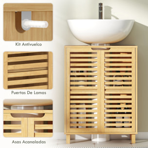 Mueble Bajo Lavabo, Mueble de Baño de Bambú con 2 Puertas de Lamas, Estante Ajustable, para Lavabos con o sin Pedestal, 60x30x80 cm, Natural