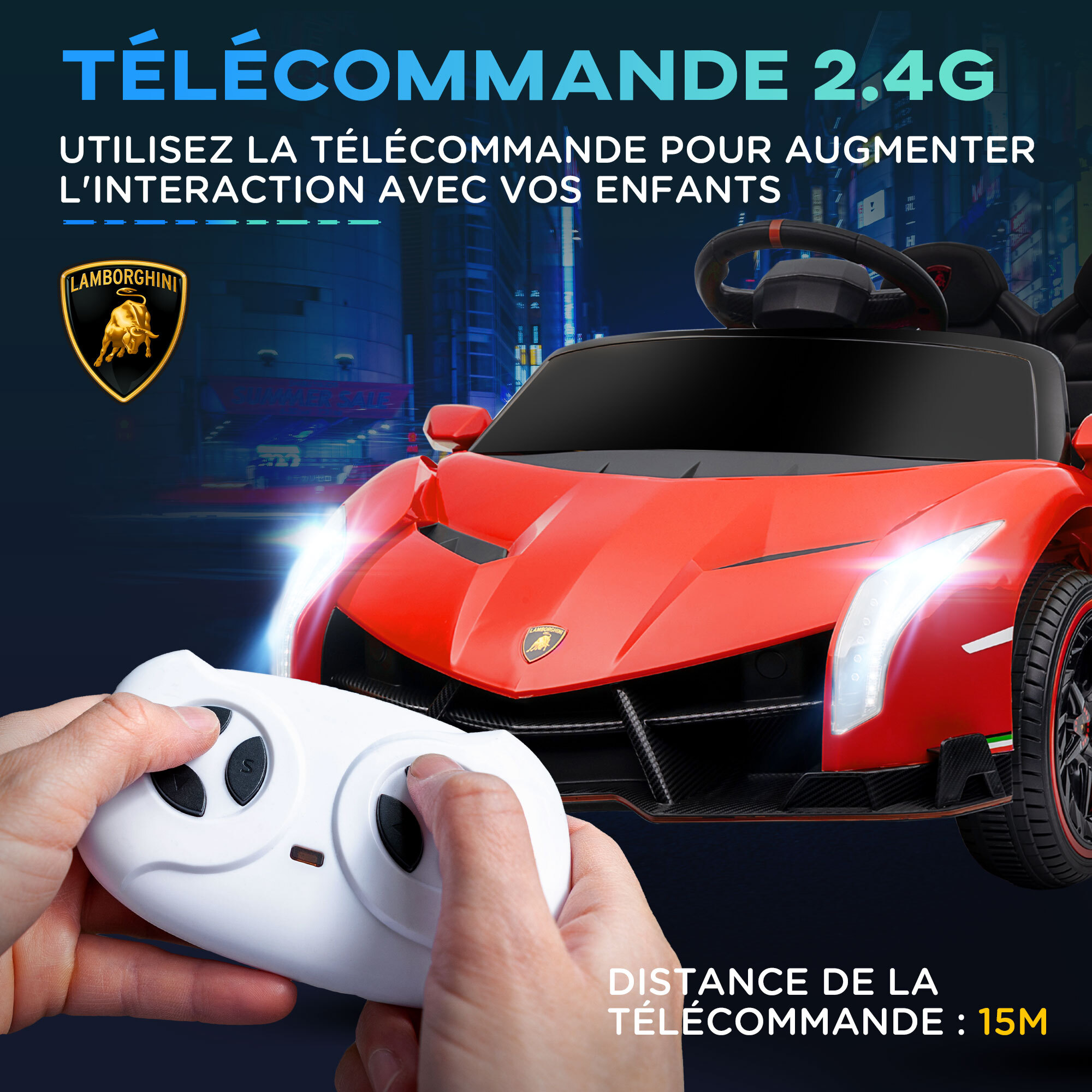 Voiture électrique enfant licence Lamborghini Veneno V. max. 7 Km/h télécommande ouverture portes MP3 USB effets sonores lumineux rouge