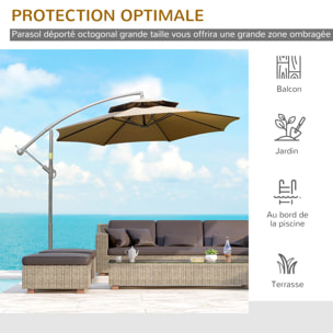 Parasol déporté octogonal inclinable manivelle Ø 2,65 x 2,45H m acier époxy polyester marron