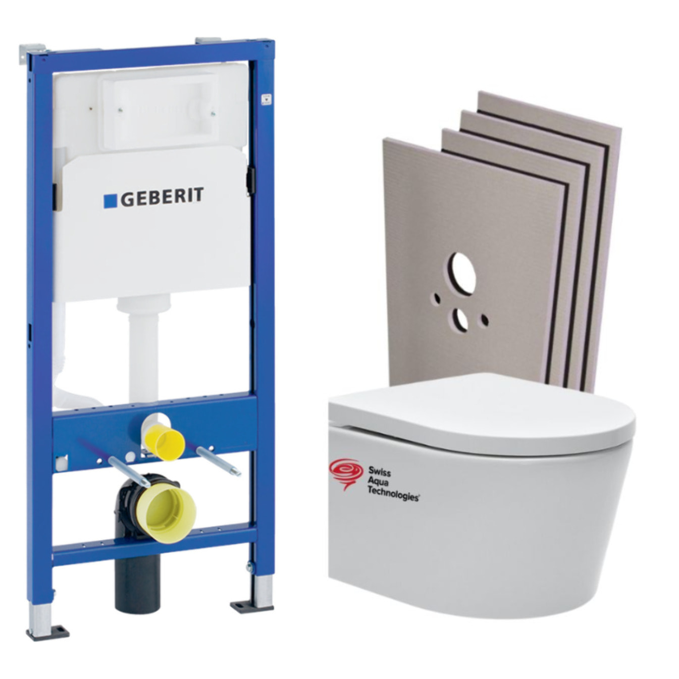 Pack WC Bati-support Geberit + WC Swiss Aqua Technologies sans bride + Plaque blanche + Set habillage (SATrimlessGeb1-sabo)