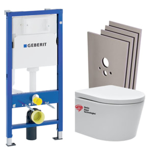 Pack WC Bati-support Geberit + WC Swiss Aqua Technologies sans bride + Plaque blanche + Set habillage (SATrimlessGeb1-sabo)
