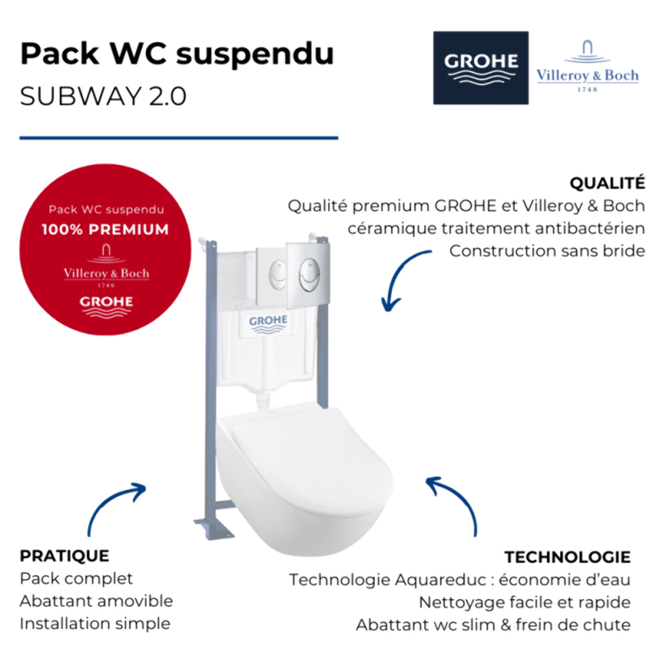 Pack wc suspendu sans bride Subway 2.0 + abattant + plaque chromée + bâti Grohe